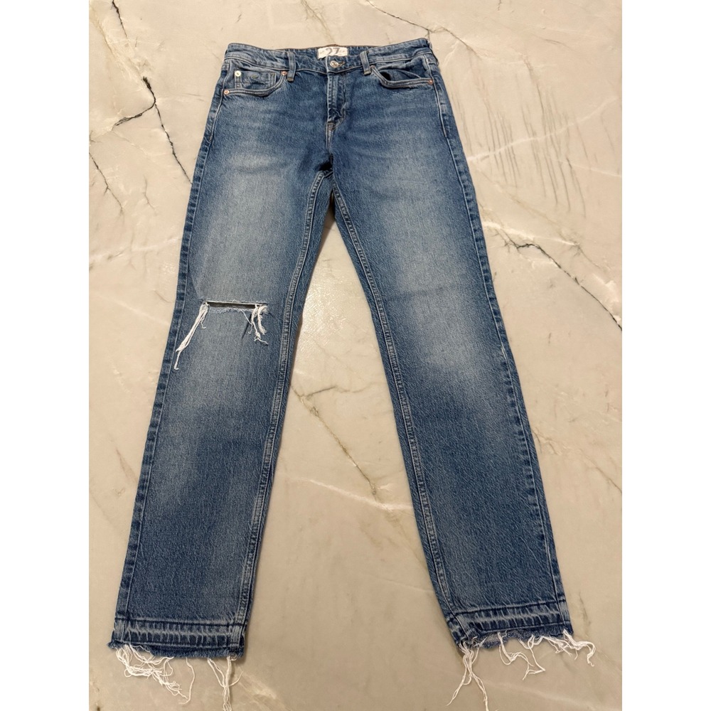 Pilcro Anthropologie Slim Straight Jeans Blue Medium Wash Frayed Hem Size 28